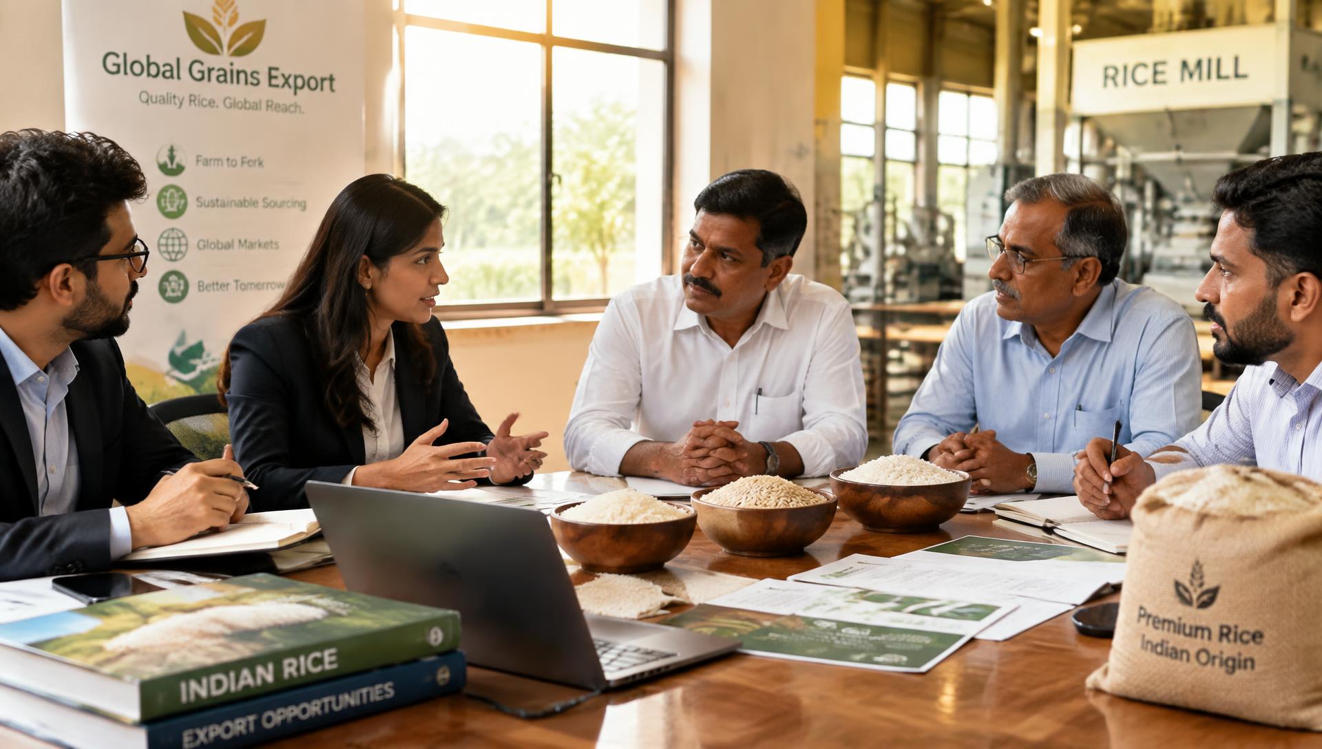 AgroBrain team in discussion with rice exporters around a table with rice samples and documents