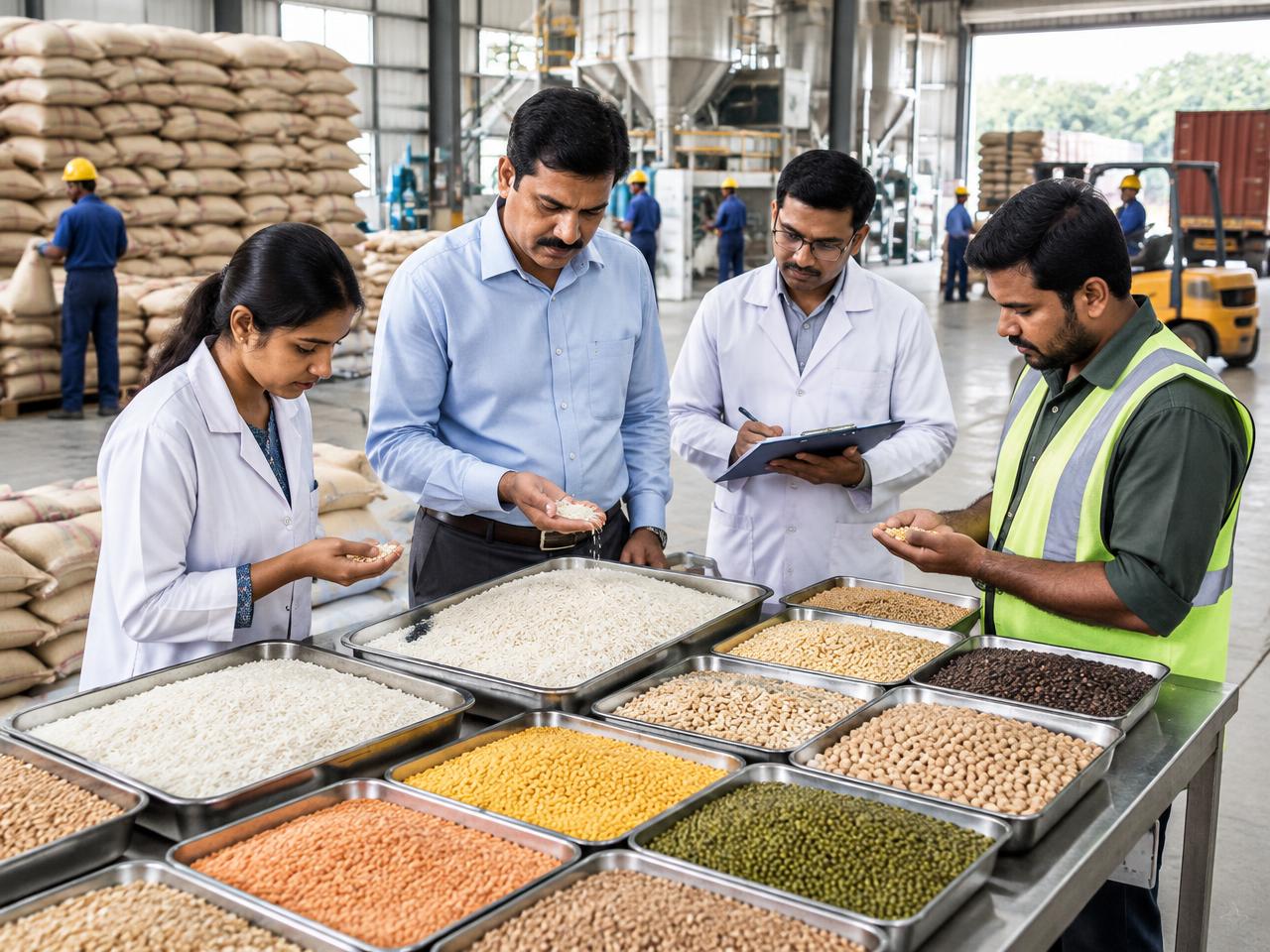 Indian grain operations team inspecting rice, pulses, and food grains at a processing facility