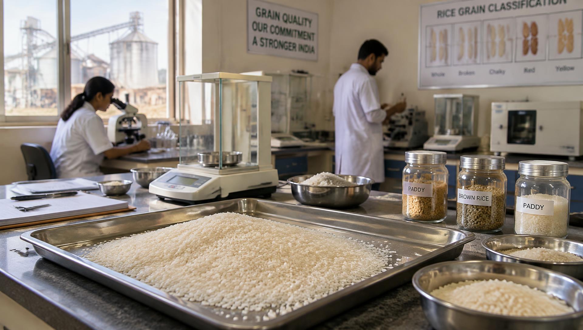 Lab technicians testing rice grain samples inside a quality-testing laboratory