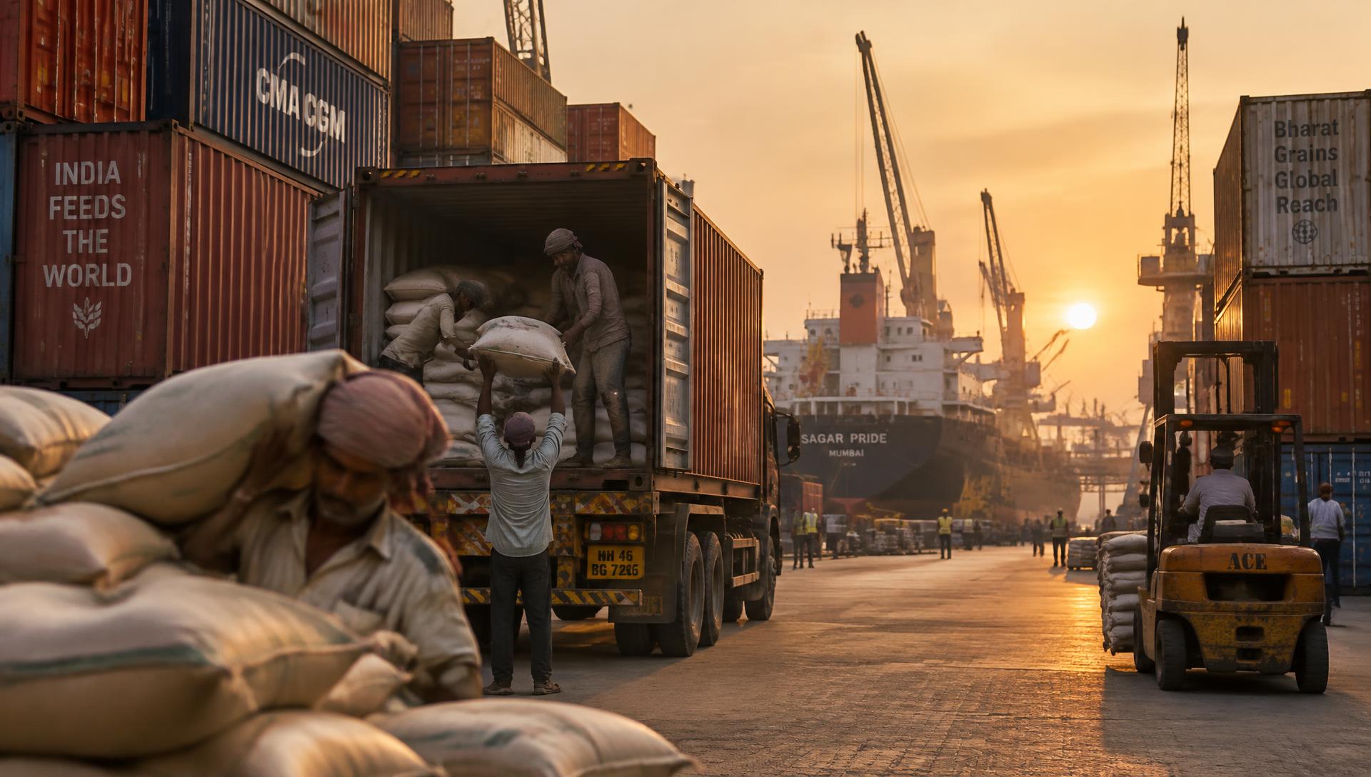 Workers loading sacks of rice into an export container at an Indian port at sunset