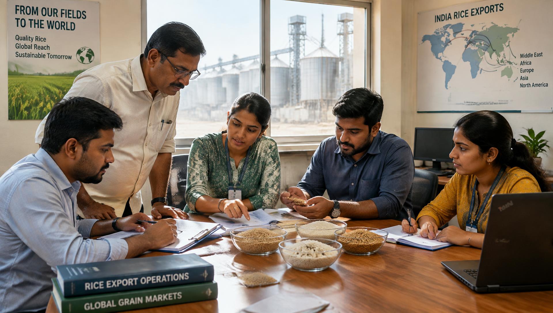 Grain export operations team reviewing documents and rice samples at an Indian mill office