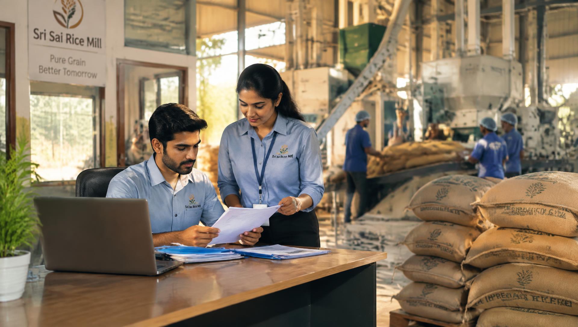Rice mill staff reviewing paperwork at a desk beside the processing floor and stacked grain sacks