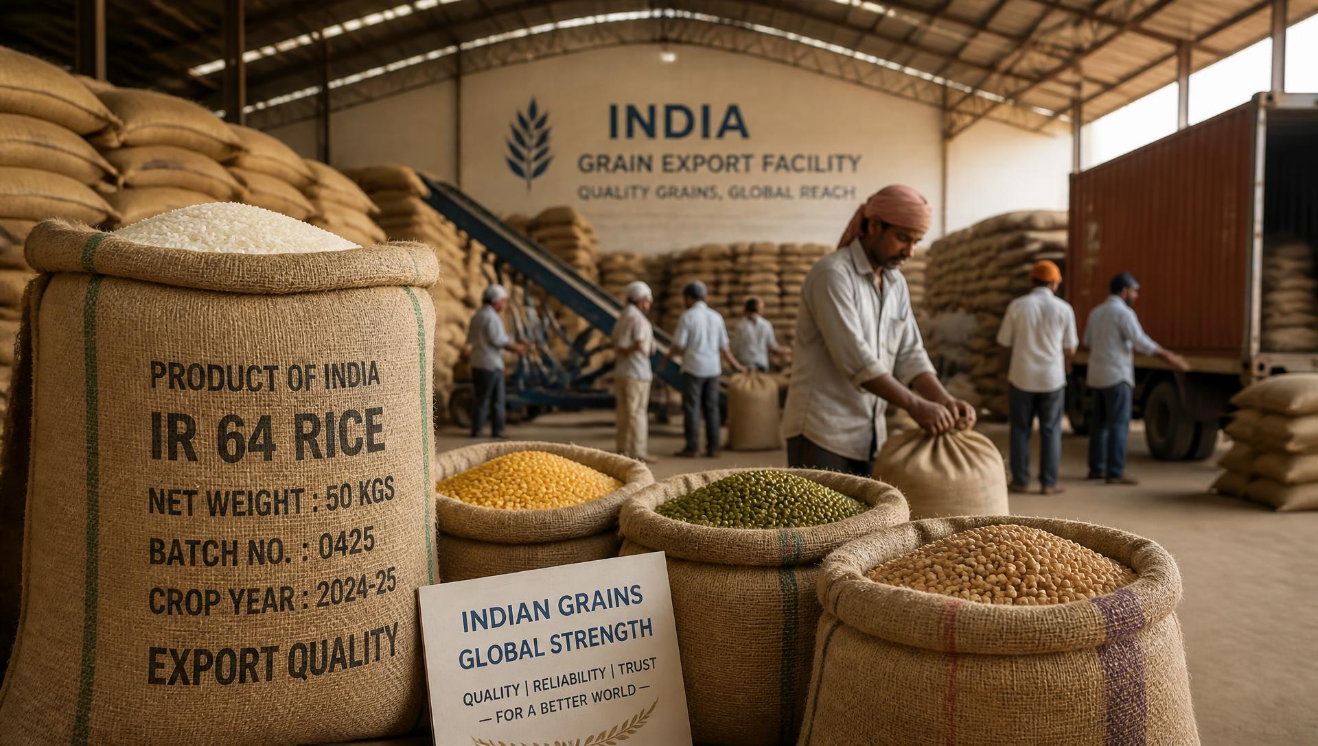 Jute sacks of export-quality rice and pulses at an Indian grain export facility