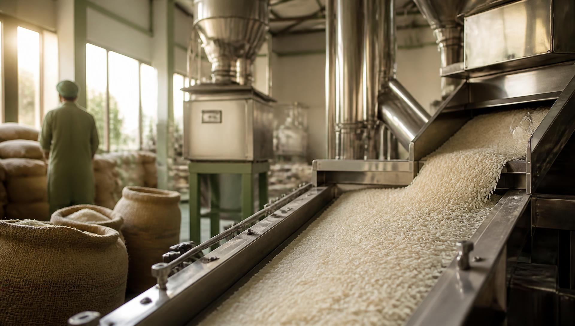 Milled rice moving along a conveyor inside a modern rice processing facility