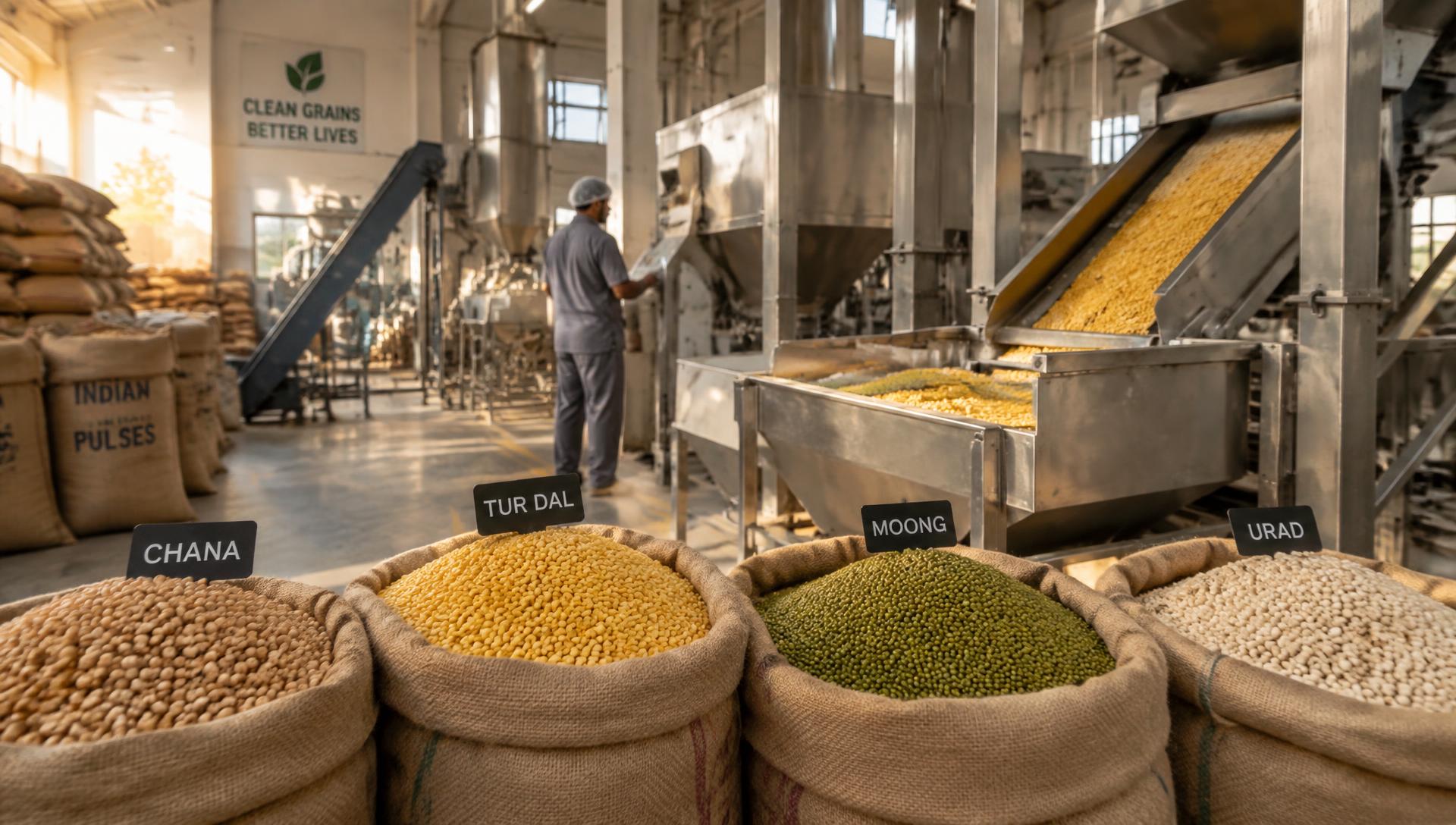 Sacks of chana, tur dal, moong and urad beside processing machinery at an Indian dal processing facility