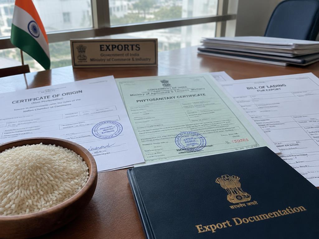 Rice export certificates and shipping paperwork laid out on a desk beside a bowl of rice