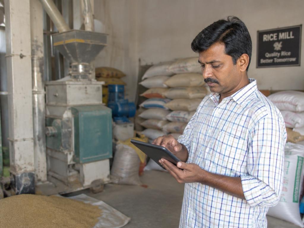 Rice mill owner checking stock records on a tablet beside milling machinery and grain sacks