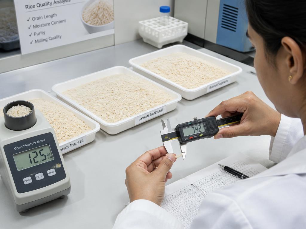 Lab technician measuring basmati grain length with calipers beside a grain moisture meter and rice sample trays