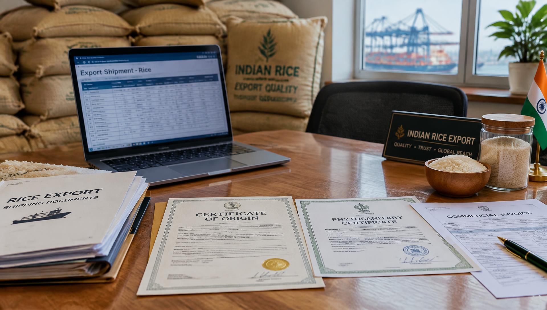 Rice export certificates, shipping documents and a laptop on a desk at an Indian export office