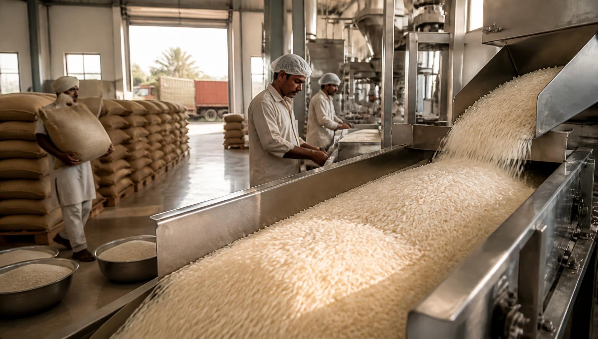 Milled rice moving along a processing line beside stacked jute sacks in an Indian rice mill