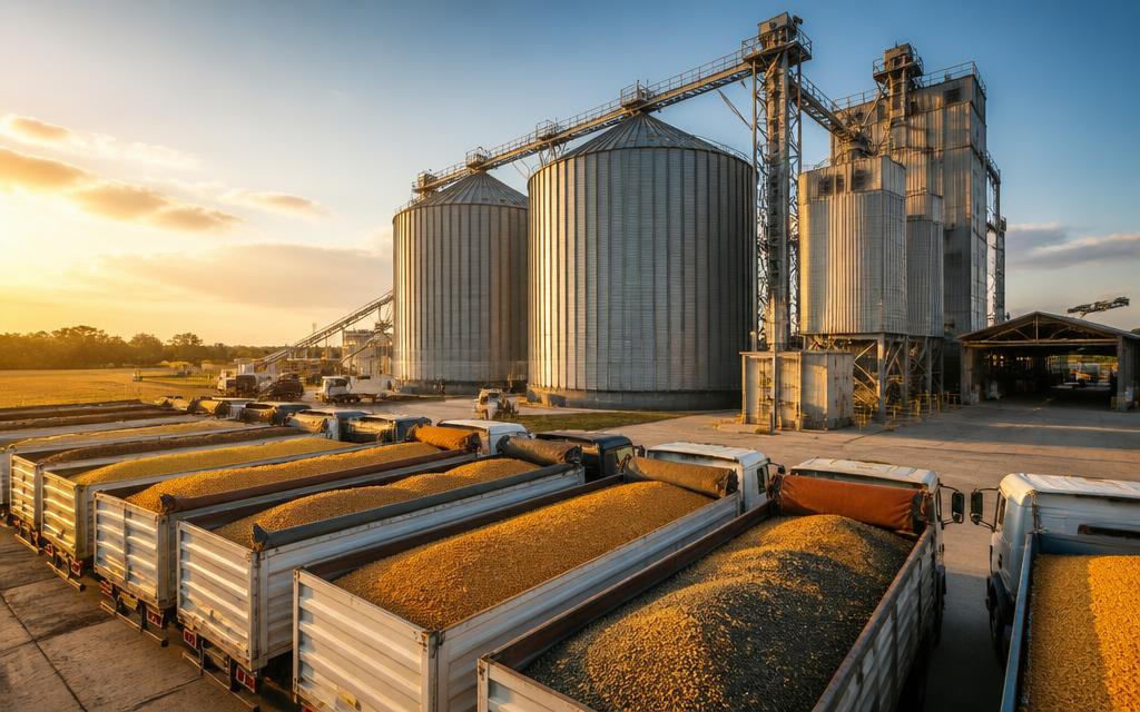 Grain silos and trailer trucks of harvested crops at an agro-commodity processing plant