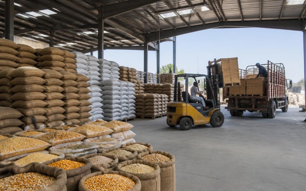 Sacks of assorted grains stacked in an export warehouse with a forklift loading a truck