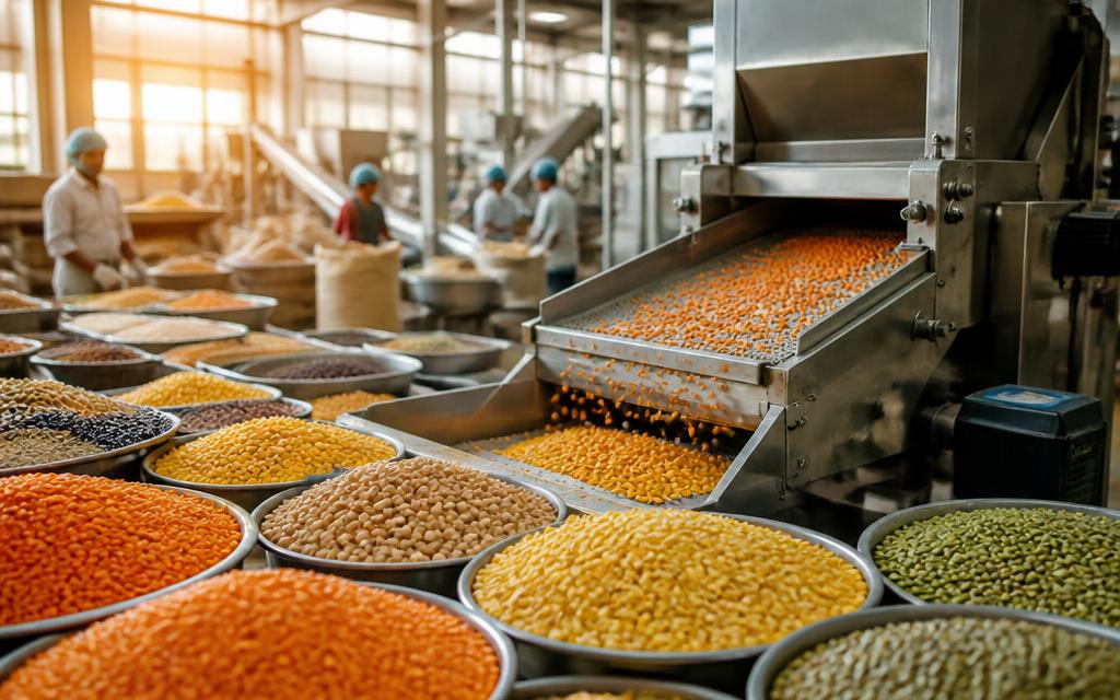Assorted lentils and pulses beside processing equipment in a dal processing facility