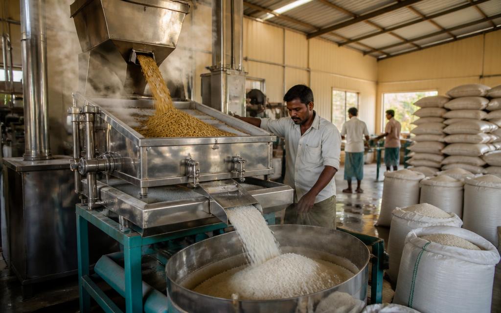 Rice being milled on stainless machinery at a rice processing facility