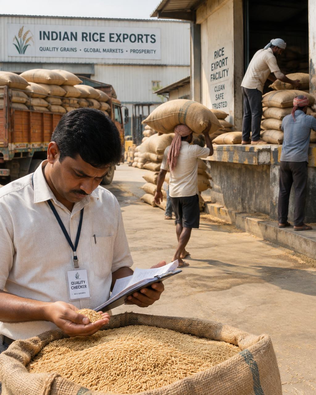 Quality checker inspecting rice grains at an Indian rice export facility with stacked grain sacks